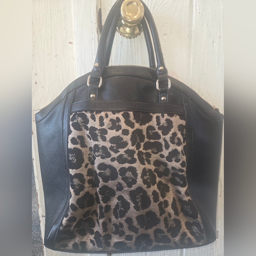 KENSIE Leopard Print Black Leather Tote Bag